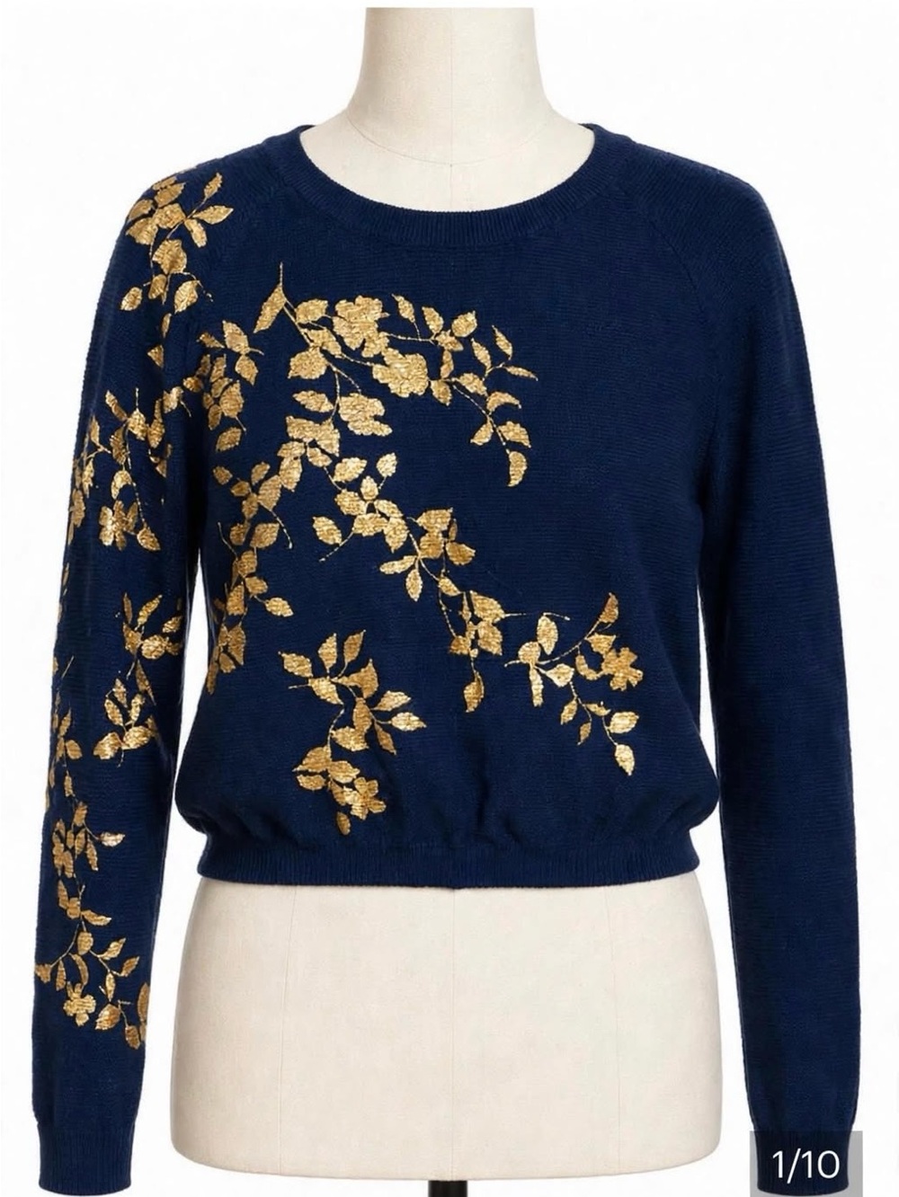Knitted & Knotted Navy Gold Foil Leaf Sweater M Cashmere Blend - Anthropologie